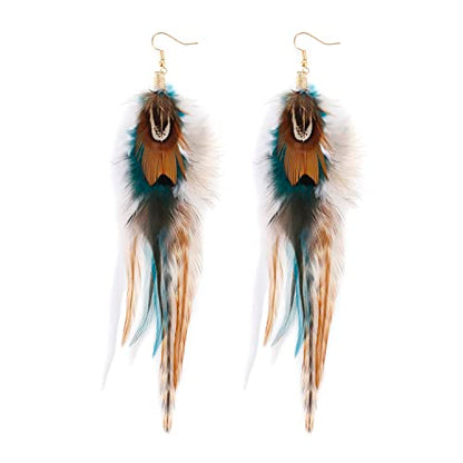 lureme Bohemian Style Boho Multicolor Pheasant Feathers Dangle Earrings for Women (er006359) - color: Earthy, Natural Tone