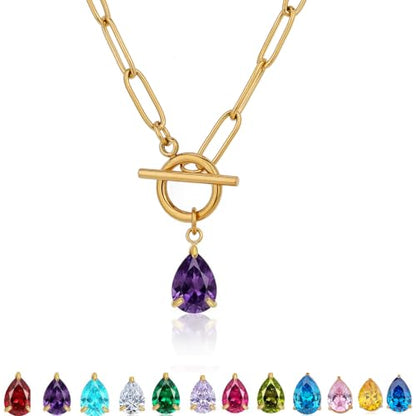 Teardrop CZ Pendant Paperclip Chain Necklace 18K Plated Paperclip Toggle Necklace Jewelry Birthstone Gift for Women - color: Amethyst-February