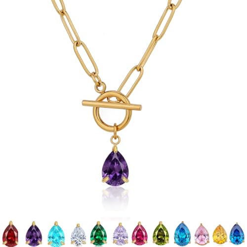 Teardrop CZ Pendant Paperclip Chain Necklace 18K Plated Paperclip Toggle Necklace Jewelry Birthstone Gift for Women - color: Amethyst-February