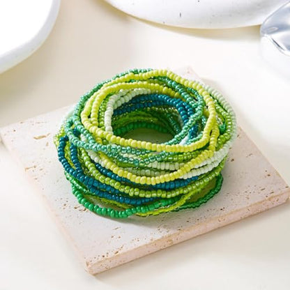 16-30Pcs Handmade Bohemian Colorful Crystal Seed Beads Stackable Adjustable Elastic Stretch Multilayerd Bracelets for Women Summer Vacation Beach Boho Bangle Jewelry - color: green