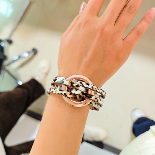 ZMANYIJEW Leather Wrap Bracelets for Women,Boho Cuff Bracelets Multi-Layer Crystal Beads Cuff Bracelet Multilayered Leopard Leather Braided Bangle Wrist Cuff Bangles - style: O-Leopard