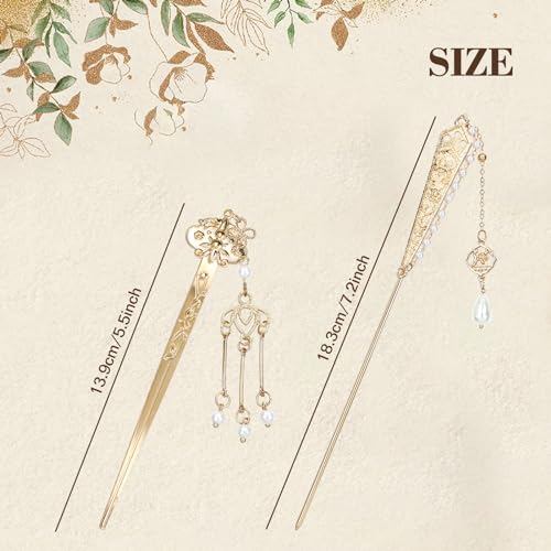 Lawie 10 Pack Retro Gold Metal Long Hair Sticks Pins with Pearl Jade Dangles Tassels Pendants Chinese Hanfu Asian Flower Butterfly Hair Chopsticks Hair Picks Bun Forks Holders Hairpins for Women Girls