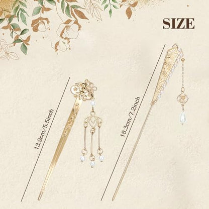 Lawie 10 Pack Retro Gold Metal Long Hair Sticks Pins with Pearl Jade Dangles Tassels Pendants Chinese Hanfu Asian Flower Butterfly Hair Chopsticks Hair Picks Bun Forks Holders Hairpins for Women Girls