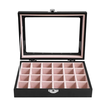 Wudygirl 24 Grid Earring Organizer Small Jewelry Box with Lid BlackPink | Ring Box with Adjustable Dividers, Velvet Lining, Ideal for Rings, Earrings, Jewelry Display, Gift Giving - style: Black Pink 24 Grid