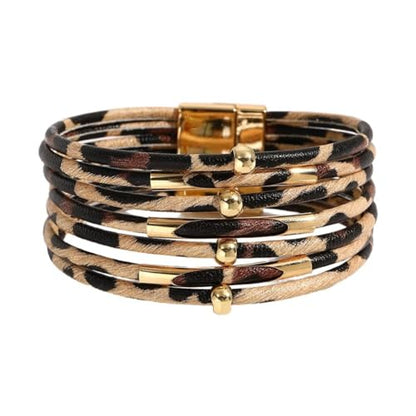 Colorful Leather Wrap Bracelets for Women Boho Handmade Multilayer Leopard Print Cuff Bangle Circle Charm Bracelets Bohemian Party Holiday Jewelry - color: Color 1