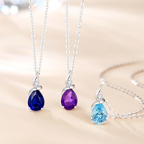 FANCIME 14K Solid White Gold Birthstone Pendant Necklace for Women with Diamond Pear Shaped Teardrop Necklace Birthday Gifts for Mom Women,Sterling Silver Chain 16" + 2" Extender - color: 09-Sapphire