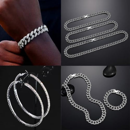8 PcsCuban Link Chain jewelry sets for Woman with Rhinestone Necklace Bracelet Earrings Bling Diamond chunky Chain Jewelry - color: Silver B, size: 18inch