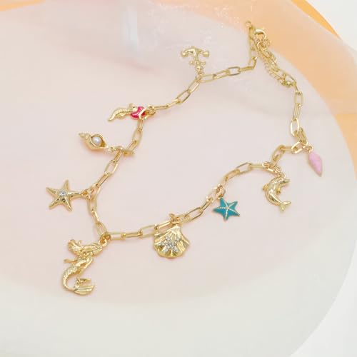 JNF Cute Shell Conch Boho Charm Necklace for Women Sun Moon Star Coin Heart Flower Boot Bow Charms Necklaces Summer Beach Jewelry - color: coastal beach necklace