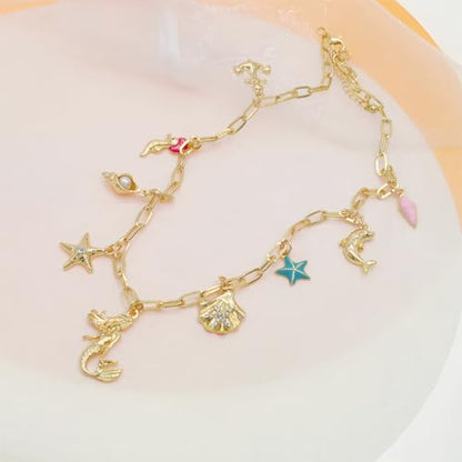JNF Cute Shell Conch Boho Charm Necklace for Women Sun Moon Star Coin Heart Flower Boot Bow Charms Necklaces Summer Beach Jewelry - color: coastal beach necklace
