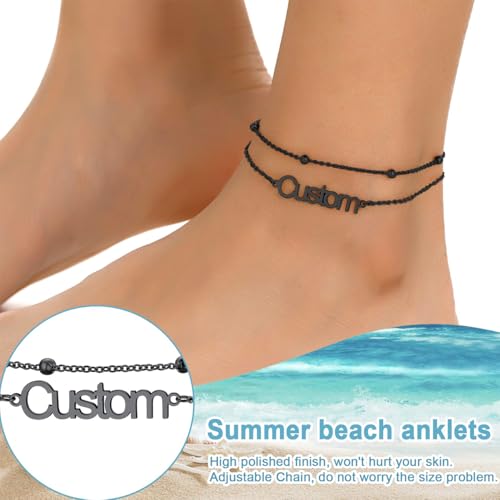 U7 Custom Layered Ankle Bracelets for Women Stainless Steel Bead/Cuban/Figaro/Rope/Wheat Chain Anklet Waterproof Anklet Jewelry for Beach Vacation - color: c-Black-Bead Chain