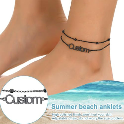 U7 Custom Layered Ankle Bracelets for Women Stainless Steel Bead/Cuban/Figaro/Rope/Wheat Chain Anklet Waterproof Anklet Jewelry for Beach Vacation - color: c-Black-Bead Chain