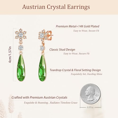 Austrian Crystal Teardrop Earrings Flower Dangle Earrings for Women 14K Gold Plated Drop Stud Earrings Hypoallergenic Jewelry - color: Green