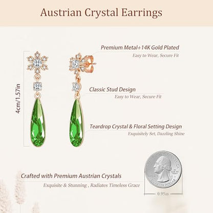 Austrian Crystal Teardrop Earrings Flower Dangle Earrings for Women 14K Gold Plated Drop Stud Earrings Hypoallergenic Jewelry - color: Green