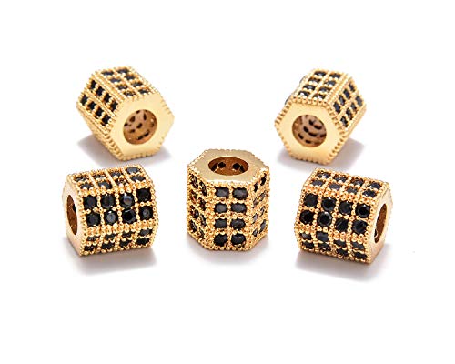 AD Beads Zircon Pave Rhinestones Big Hole Hexagon Spacer Beads 7x8mm 5Pcs Black on Gold - color: 5 Pcs Black on Gold Hexagon (7x8mm)