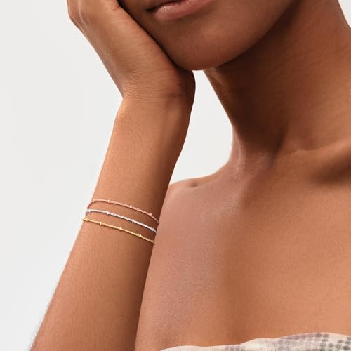 MEVECCO Dainty Chain Bracelets for Women, Layered and Charm Styles | 14K Gold Plated Brass, Select Cubic Zirconia Accents, Single and Multi-Row Structures for Refined Everyday Wristwear - style: Satellite Chain 3 Tone