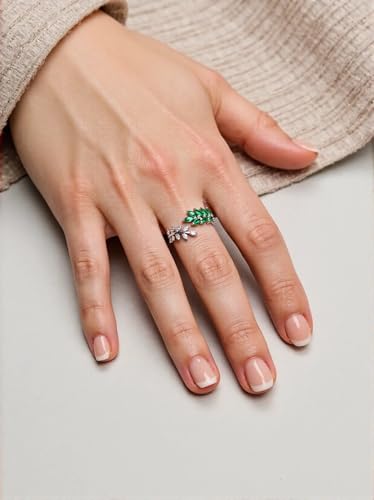Adjustable Open Leaf & Vine Ring with Gemstone & Diamond | Cuff Deco Ring for Women Men | Adjustable Cuff Vine Leaf Deco Rings - color: Silver Green