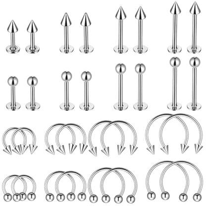 32 Pcs Horseshoe Septum Nose Lip Rings Labret Jewelry Barbell Ring Snake Bite Spike Piercing Stud Stainless Steel Vertical Helix Earring Daith Tragus Cartilage Studs for Women Men, 16G