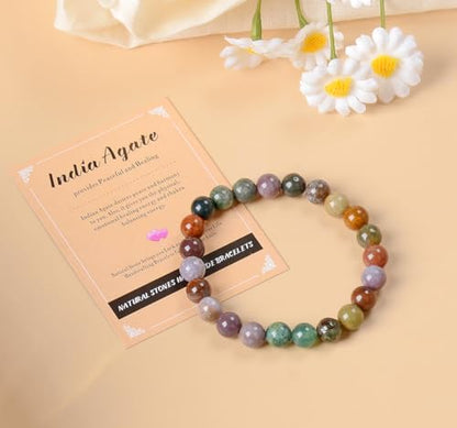 AD Beads Handmade Gemstone Stretch Elastic Bracelet Crystal Healing Reiki Nature's Beauty and Spiritual Essence Unisex (10mm, Indian Agate) - color: Indian Agate, size: 10mm