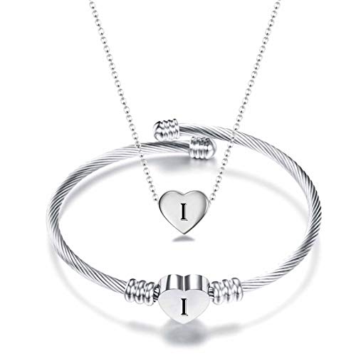 MYNENEY Necklace and Bracelet for Women Stainless Steel Initial Jewelry Set - color: Silver-I
