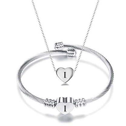 MYNENEY Necklace and Bracelet for Women Stainless Steel Initial Jewelry Set - color: Silver-I