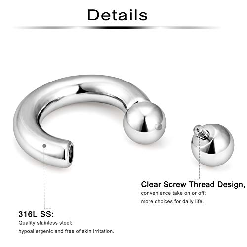 2Pcs PA Ring Horseshoe Circular Barbell 316L Surgical Steel Internally Threaded 00G 0G 2G 4G 6G 8G 10G Pierced Body Jewelry for Women 12mm 16mm 19mm - style: 1 pair-6G;Inner Dia:16mm