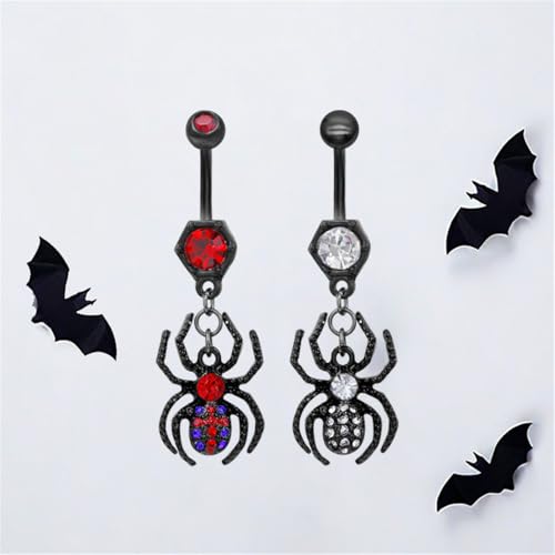 14G Black Spider Dangle Belly Button Ring for Women Rhinestone Crystal with Gothic Dangling Spider Belly Navel Rings Halloween Body Piercing Jewelry - color: Red