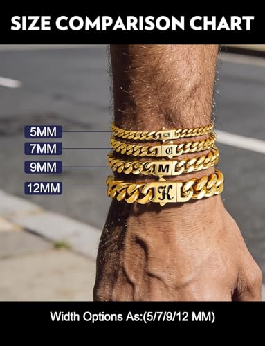 Bandmax Mens Hip Hop Cuban Link Bracelets 5/7/9/12MM Stainless Steel Miami Curb Chain Bracelet Silver/Gold Plated/Black Wristlet Chains for Men 7"-9" - color: 18 7MM Gold-Custom