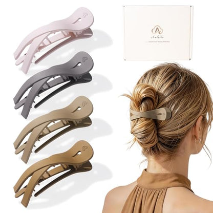 Large Flat Hair Clips for Women, French Flat Claw Clips for Medium Thick Hair | Strong Hold Hair Clips for Styling, Driving, Daily Wear | Pink, Blue Grey, Brown, Khaki - 4Pcs - color: Pink, Blue, Brown, Khaki