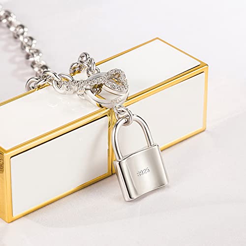 H&Beautimer 925 Sterling Silver Bracelet For Women's - Italian Handmade Rolo Chain 6.3, 6.7, 7.1, 7.5, 8 Inch - AAAAA CZ Zircon Heart/Lock Pendant Bracelet - Fine Jewelry - color: Silver, size: 6.7 inches