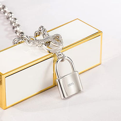 H&Beautimer 925 Sterling Silver Bracelet For Women's - Italian Handmade Rolo Chain 6.3, 6.7, 7.1, 7.5, 8 Inch - AAAAA CZ Zircon Heart/Lock Pendant Bracelet - Fine Jewelry - color: Silver, size: 6.7 inches