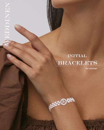 WEDDINEN Initial Bracelets for Women, 14K Gold Plated Letter A-Z Bracelets with Diamonds,Thick Chain Bracelet for Women trendy Jewelry Gifts - color: Silver-A