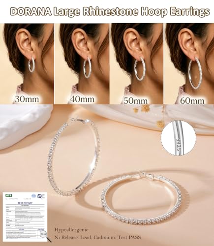 3mm 925 Sterling Silver Big Cubic Zirconia Hoop Earrings for Women Large Rhinestone Hoop Earrings 14K Gold Plated Hypoallergenic Lightweight 30mm/40mm/50mm/60mm - color: Silver-50mm
