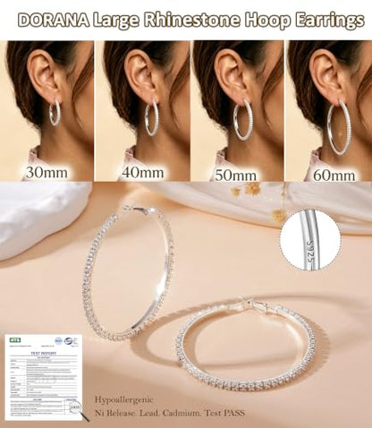 3mm 925 Sterling Silver Big Cubic Zirconia Hoop Earrings for Women Large Rhinestone Hoop Earrings 14K Gold Plated Hypoallergenic Lightweight 30mm/40mm/50mm/60mm - color: Silver-50mm