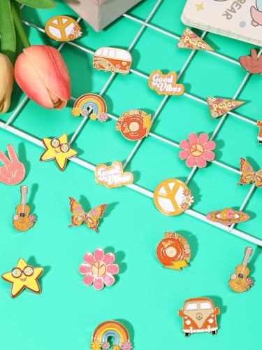 JUNEBRUSHS 28pcs Hippie Enamel Brooch Pins Groovy Retro Butterfly Daisy Flower Ribbon Lapel Pins for Women Girl Clothes Bags Groovy Hippie 60s 70s Party Decorations Accessories - style: Hippie Style
