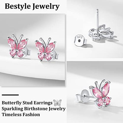 Bestyle Gold Butterfly Earrings for Women, Dainty Cute Birthstone Studs Hypoallergenic Jewelry, Great Birthday Gift - style: 10.October (Tourmaline)-STUD