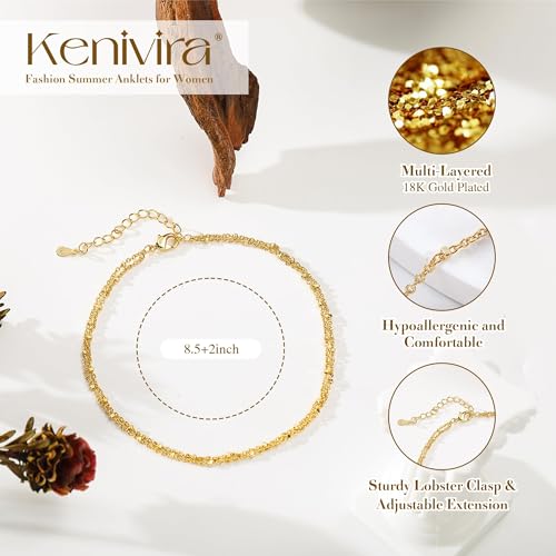 Kenivira Gold/Silver Ankle Bracelets for Women Dainty,18K Gold Plated/Sterling Silver Chain Anklets for Women Waterproof,Layered Anklets Set Non Tarnish Beachy Jewelry Gift - color: gold square