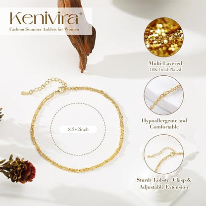 Kenivira Gold/Silver Ankle Bracelets for Women Dainty,18K Gold Plated/Sterling Silver Chain Anklets for Women Waterproof,Layered Anklets Set Non Tarnish Beachy Jewelry Gift - color: gold square