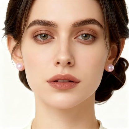 Light Pink Faux Pearl Stud Earrings, S925 Silver Posts Hypoallergenic for Women - size: 12mm