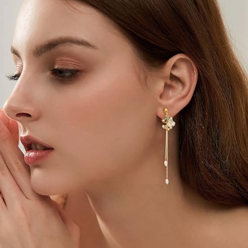 Awinesn Clip on Earrings Dangle Pearl Drop Clip Earrings for Women Trendy Dangle Chain Dainty Flower Wedding Earrings for Brides 14K Gold Plated Statement Non Pierced Earrings for Women Sparkly Jewelry - style: fugu-lanflower-g