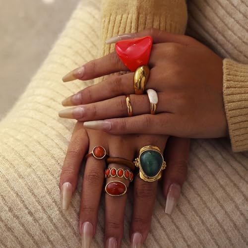 Chunky Gold Rings for Women Non Tarnish, Baroque Pearl Flower Tiger's Eye Stone Rings Adjustable Stacking Statement Rings Set Fashion Jewelry Gifts - style: Green/Red/Wood/Brown