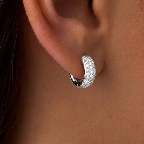 Gokeey Cubic Zirconia Hoop Earrings for Women, Sterling Silver Plated Small Huggie Hoops CZ Pave Chunky Thick Earrings Non Tarnish Hypoallergenic Lightweight Jewelry April Birthstone Gifts - color: Silver