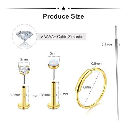 Zolure 18G/20G Flat Back Earrings Stud Threadless Nose Studs Surgical Steel Push in Earrings Tragus Cartilage Labret Helix Lip Conch Medusa Piercing Jewelry - color: 20G Gold #3