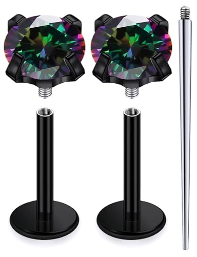 18G 16G 14G Internally Threaded Nose Rings Studs Flat Back Earrings Surgical Steel CZ Nose Rings Stud Tragus Helix Conch Cartilage Earrings Stud Piercing Jewelry For Women Men Hypoallergenic - color: Black-Rainbow CZ, size: 14 Gauge-7mm Bar-4mm CZ