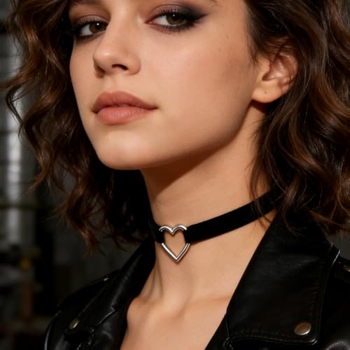 Black Choker for Women, Adjustable Layered Velvet Leather Lace Collar necklace, Goth necklace Gifts - color: Heart