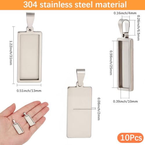 1 Box 10Pcs Stainless Steel Pendant Trays Bulk Rectangle Bezel Blanks 31x13mm Silver Charms Tray Base Cabochon Bezel Blank for Jewelry Making Resin Photo Craft DIY Necklace Bracelets Adults - style: silver rectangle
