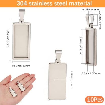 1 Box 10Pcs Stainless Steel Pendant Trays Bulk Rectangle Bezel Blanks 31x13mm Silver Charms Tray Base Cabochon Bezel Blank for Jewelry Making Resin Photo Craft DIY Necklace Bracelets Adults - style: silver rectangle