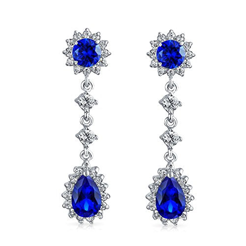 Bling Jewelry Vintage Style Bridal Simulated Blue Sapphire Statement Pave Crown Halo Cubic Zirconia AAA CZ Long Dangling Oval Teardrop Chandelier Clip On Earrings For Women Non-Pierced