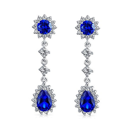 Bling Jewelry Vintage Style Bridal Simulated Blue Sapphire Statement Pave Crown Halo Cubic Zirconia AAA CZ Long Dangling Oval Teardrop Chandelier Clip On Earrings For Women Non-Pierced