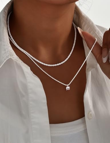 YEEZII Layered Gold Necklaces for Women Trendy, 3 Pcs 14K Gold Plated Choker Paperclip Box Chain Necklace, Stackable Women's Gold Pendant Necklaces Jewelry Set - color: Silver-A