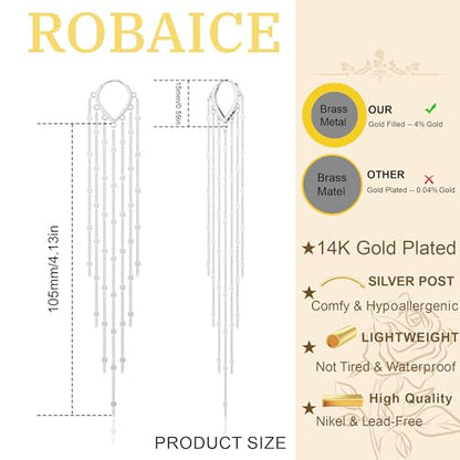 Robaice Long Gold Dangle Earrings for Women, 14K Plated Tassel Earring | Gold Chain Dangling Earrings, Trendy Drop Prom Earring, Lightweight Statement Party Jewelry, Gift for Women - style: B-dangle tassel chains, silver